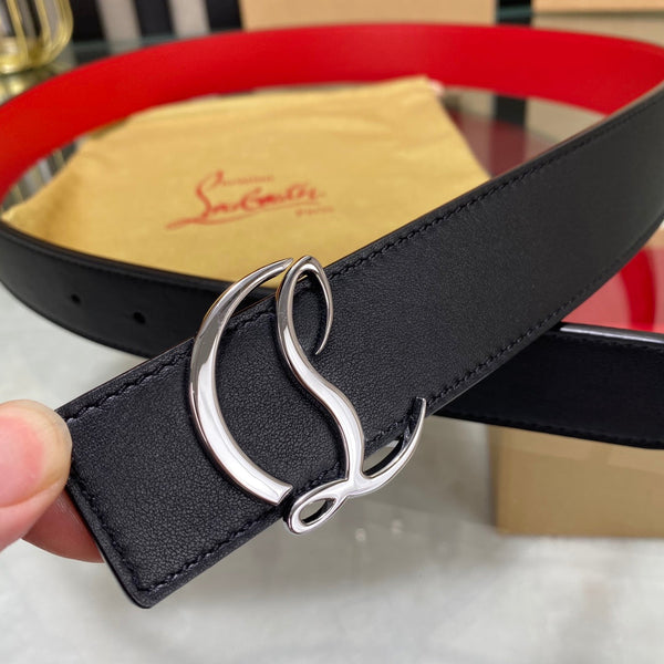 CL Logo Belt with Silver Buckle Black Red Cowhide