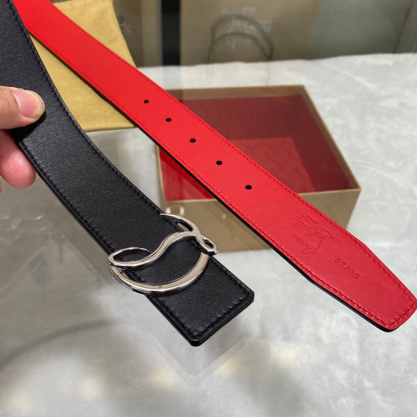CL Logo Belt with Silver Buckle Black Red Cowhide