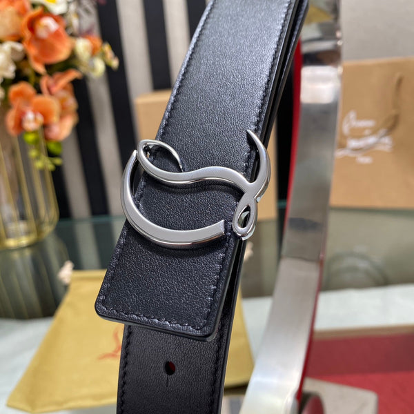 CL Logo Belt with Silver Buckle Black Red Cowhide
