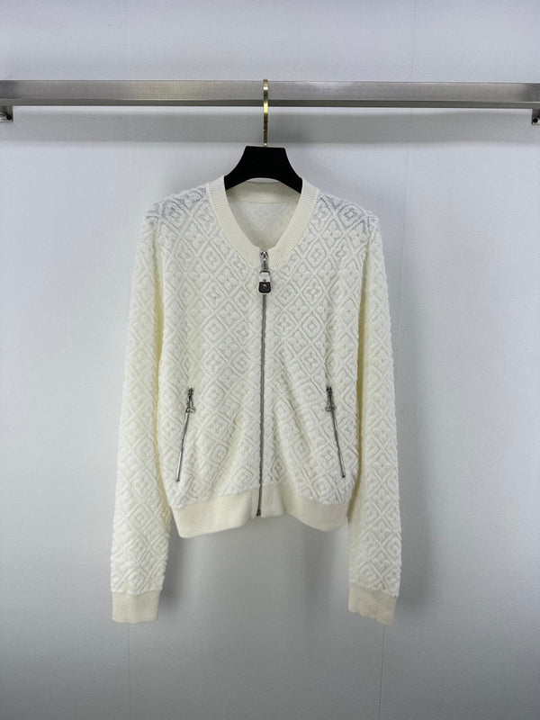 LV Embossed Long-Sleeved Cardigan in Cream Wool 271049