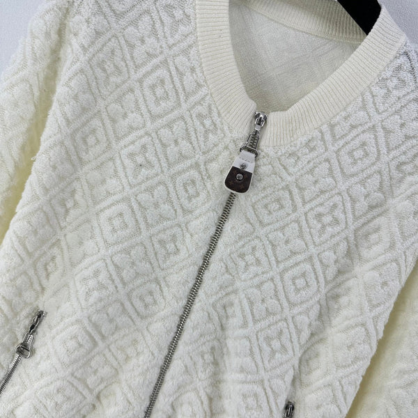 LV Embossed Long-Sleeved Cardigan in Cream Wool 271049