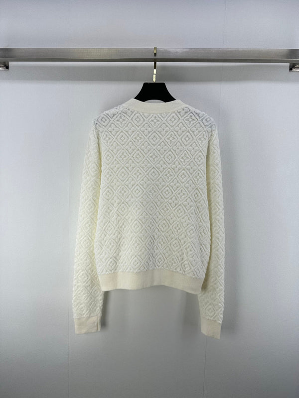 LV Embossed Long-Sleeved Cardigan in Cream Wool 271049