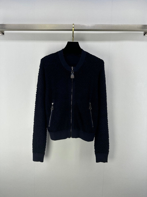 LV Embossed Long-Sleeved Cardigan in Navy Blue Wool 271049