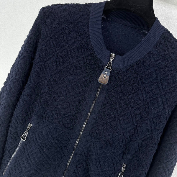LV Embossed Long-Sleeved Cardigan in Navy Blue Wool 271049