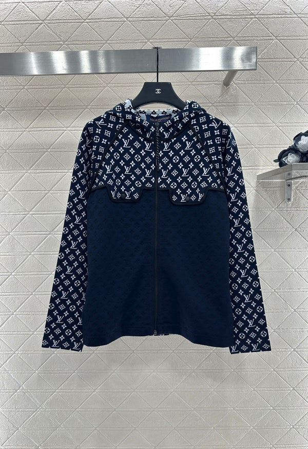 LV25 Patchwork Jacquard Hooded Jacket in Navy Blue Mulberry Silk 294493
