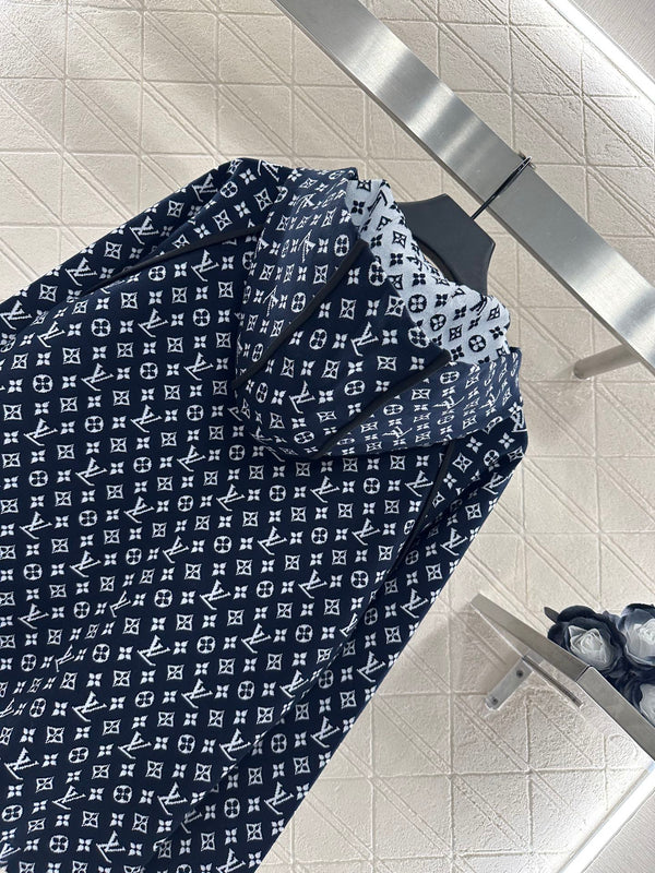 LV25 Patchwork Jacquard Hooded Jacket in Navy Blue Mulberry Silk 294493