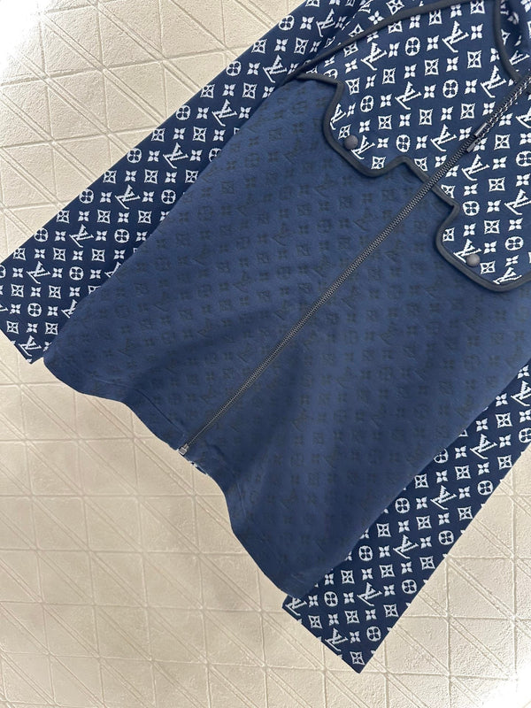 LV25 Patchwork Jacquard Hooded Jacket in Navy Blue Mulberry Silk 294493