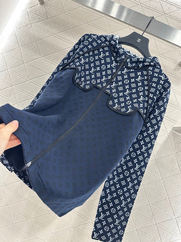 LV25 Patchwork Jacquard Hooded Jacket in Navy Blue Mulberry Silk 294493