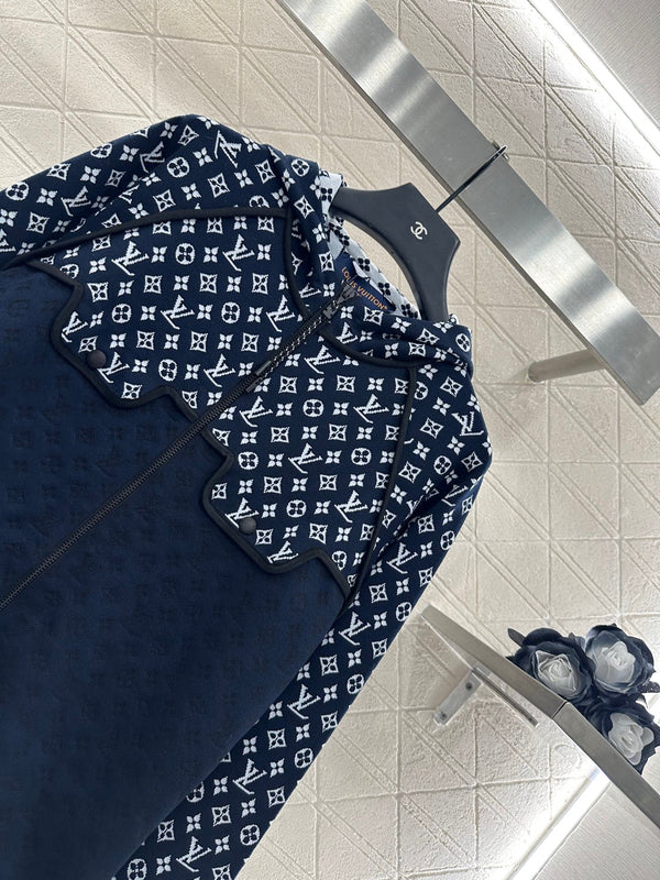 LV25 Patchwork Jacquard Hooded Jacket in Navy Blue Mulberry Silk 294493