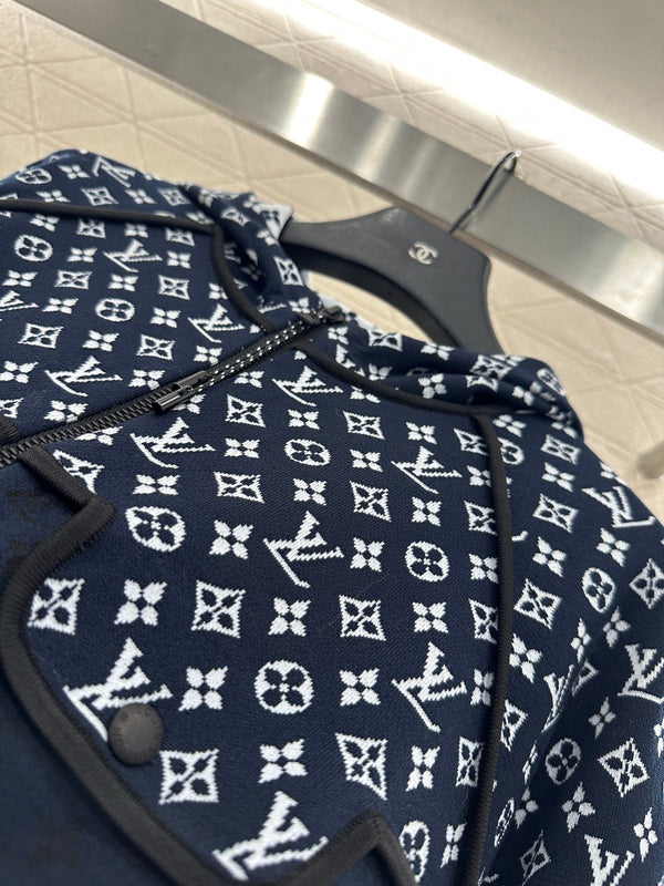 LV25 Patchwork Jacquard Hooded Jacket in Navy Blue Mulberry Silk 294493