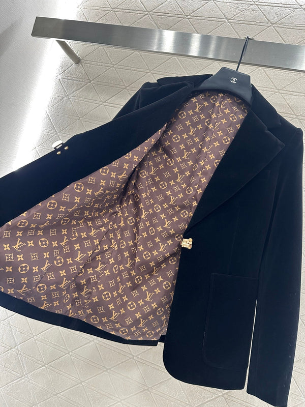 LV25 Gold-Button Lapel Suit Jacket Black Velvet 294490