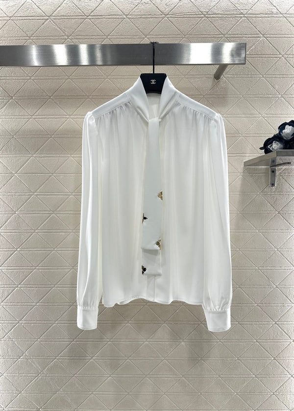 LV25 Pleated Tie-Neck Straight-Shoulder Shirt in White Polyester 294486