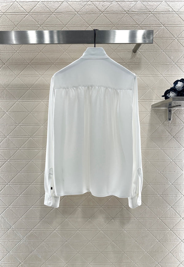 LV25 Pleated Tie-Neck Straight-Shoulder Shirt in White Polyester 294486