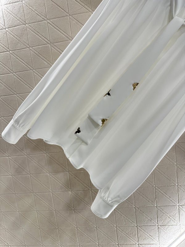 LV25 Pleated Tie-Neck Straight-Shoulder Shirt in White Polyester 294486