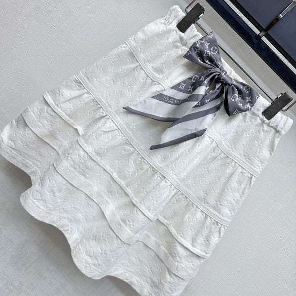LV25 Embossed Denim Scarf Skirt White Grey Cotton 291767