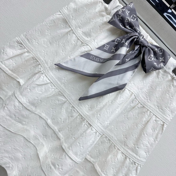 LV25 Embossed Denim Scarf Skirt White Grey Cotton 291767
