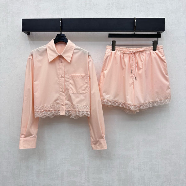 LV25 Lace-Trimmed Shirt and Shorts Set Apricot Cotton 290151