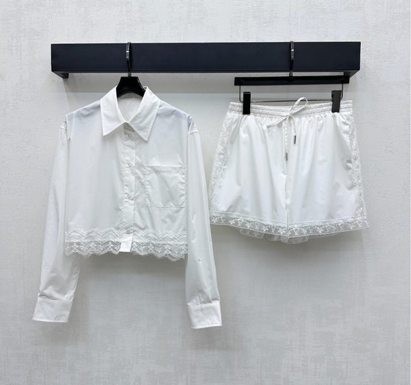 LV25 Lace-Trimmed Shirt and Shorts Set White Cotton 290149