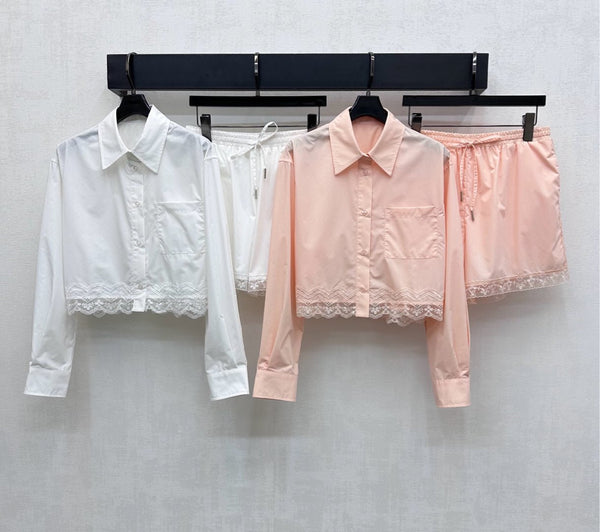 LV25 Lace-Trimmed Shirt and Shorts Set White Cotton 290149
