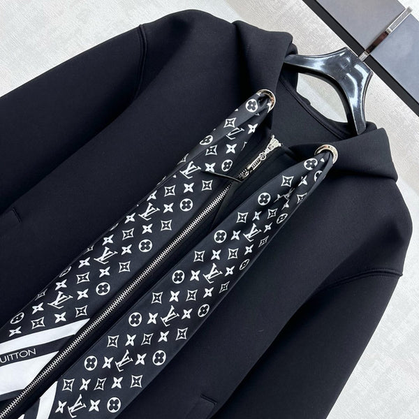 LV25 Silk Scarf Hooded Jacket Black Cotton 290214