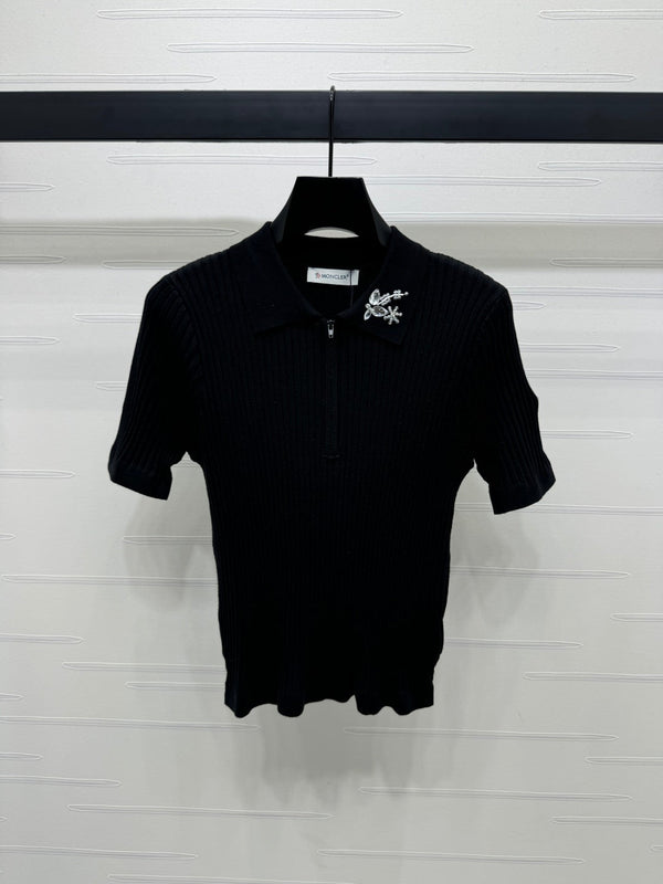 Moncle Beaded Lapel Knit Short-Sleeve Top Black Tencel Cotton 255893