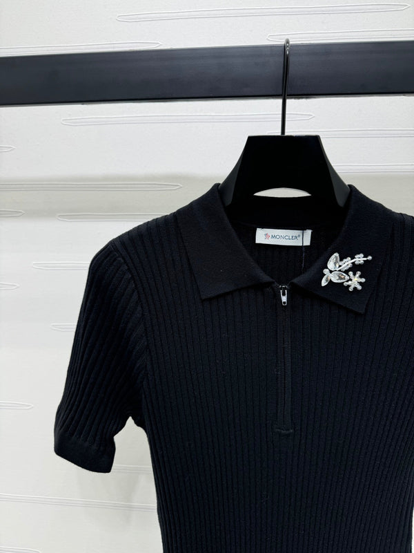Moncle Beaded Lapel Knit Short-Sleeve Top Black Tencel Cotton 255893