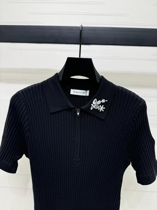 Moncle Beaded Lapel Knit Short-Sleeve Top Black Tencel Cotton 255893