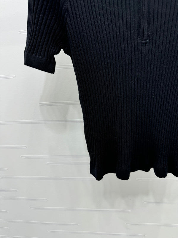 Moncle Beaded Lapel Knit Short-Sleeve Top Black Tencel Cotton 255893