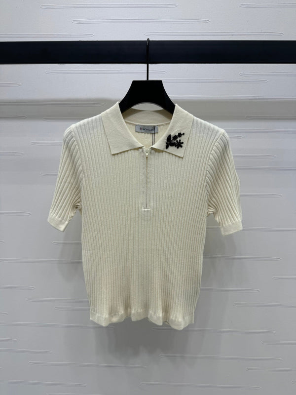 Moncle Beaded Lapel Knit Short-Sleeve Top Cream Tencel Cotton 255895