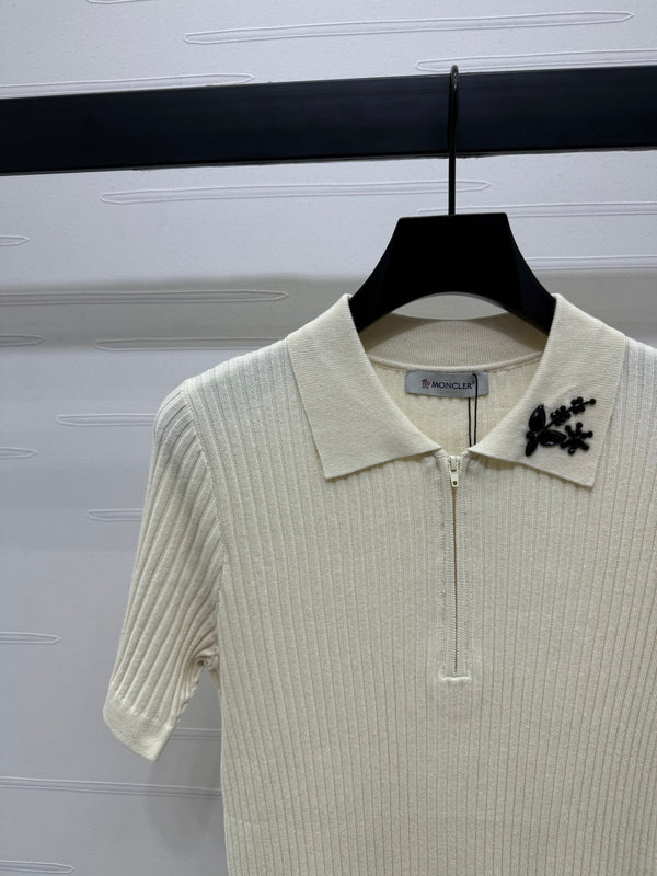 Moncle Beaded Lapel Knit Short-Sleeve Top Cream Tencel Cotton 255895