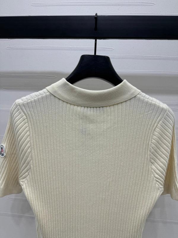 Moncle Beaded Lapel Knit Short-Sleeve Top Cream Tencel Cotton 255895