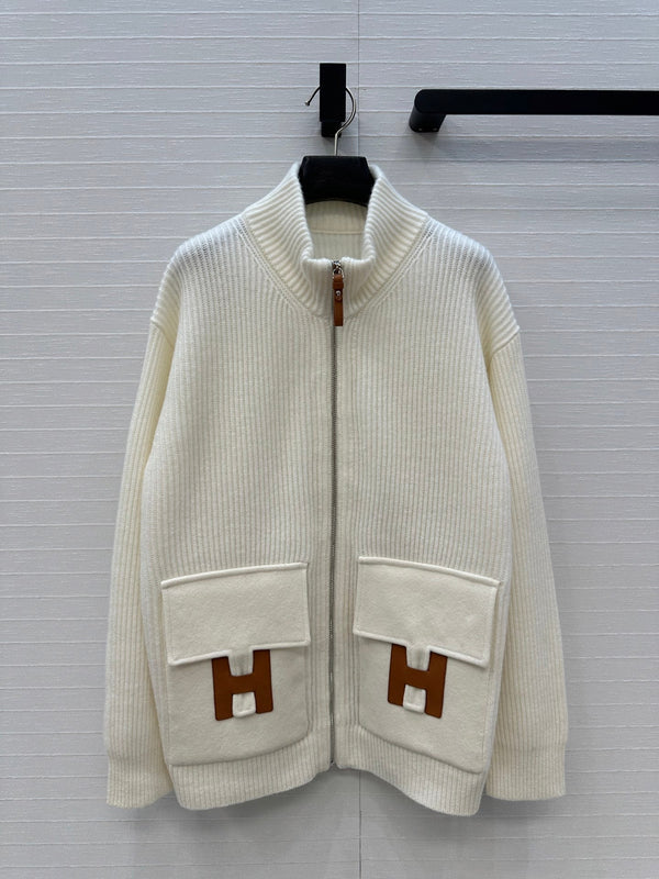 HM 25S Zipped Jacket H Leather Pockets in White Cashmere