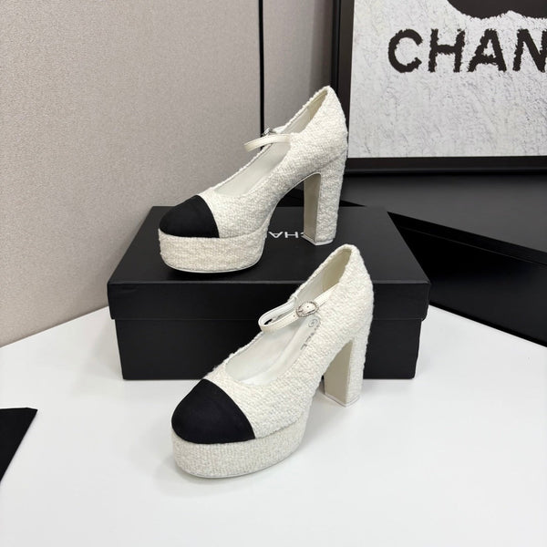 Chanel 25 Platform Thick Heel Shoe White Black Sheepskin