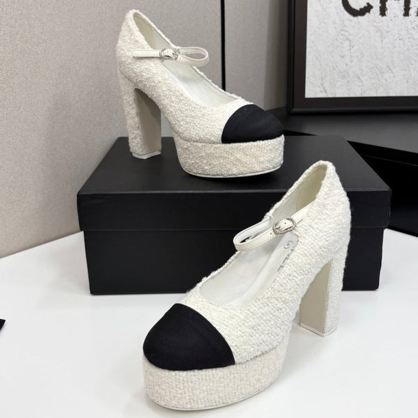 Chanel 25 Platform Thick Heel Shoe White Black Sheepskin