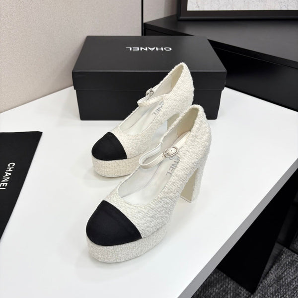 Chanel 25 Platform Thick Heel Shoe White Black Sheepskin