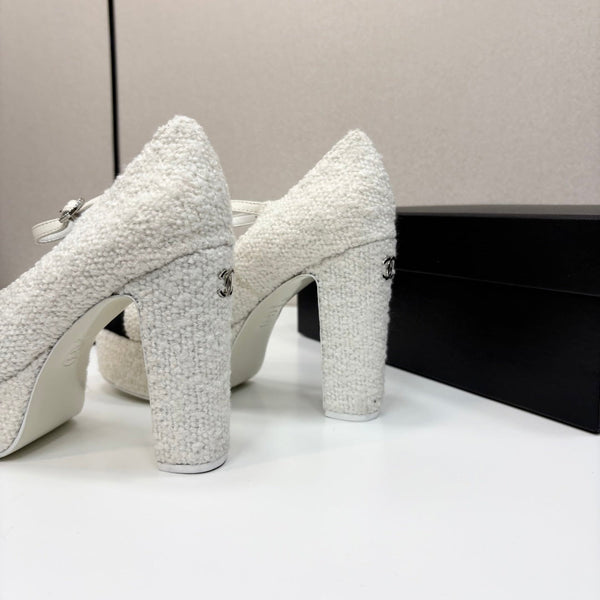 Chanel 25 Platform Thick Heel Shoe White Black Sheepskin