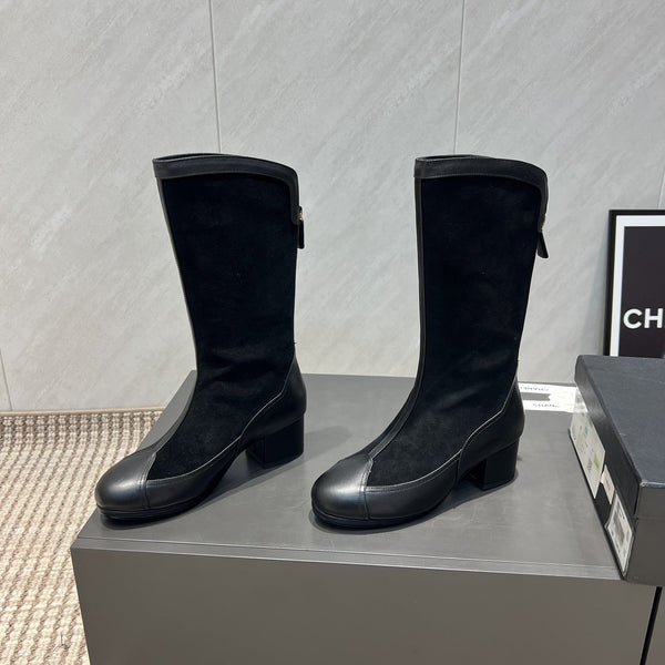 Stivali alti con punta tonda e tacco medio, cerniera, CC 25S in pelle bovina e pelle scamosciata nera 442489