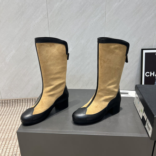 CC 25S Round Toe Mid-Heel Zippered High Boots in Brown Black Cowhide 442488