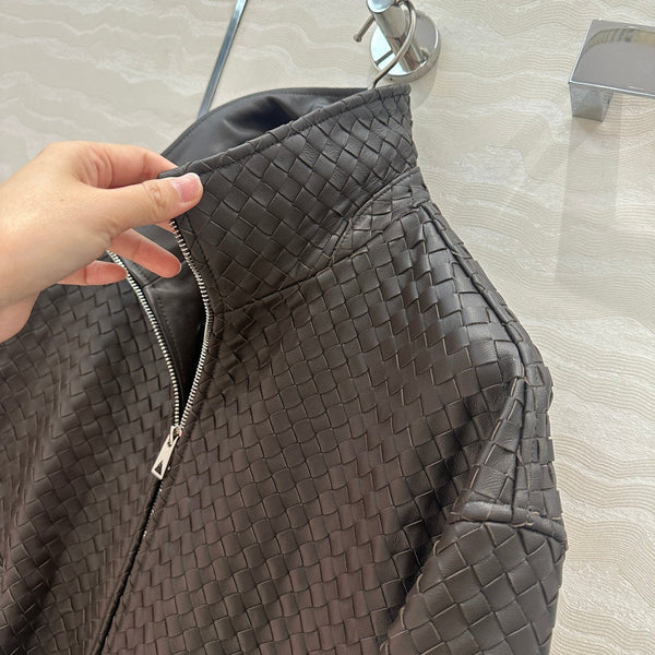 BV Double-Zip Baseball Jacket in Chocolate Lambskin