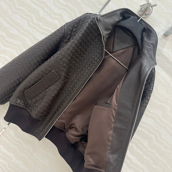 BV Double-Zip Baseball Jacket in Chocolate Lambskin