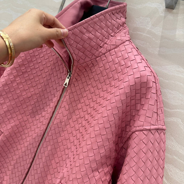 BV Double-Zip Baseball Jacket in Pink Lambskin