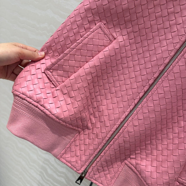 BV Double-Zip Baseball Jacket in Pink Lambskin