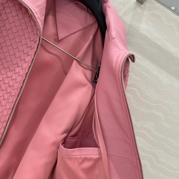 BV Double-Zip Baseball Jacket in Pink Lambskin