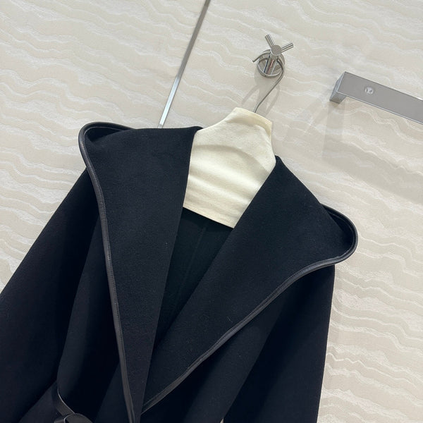 BV Hooded Leather Belt Coat in Black Cashmere