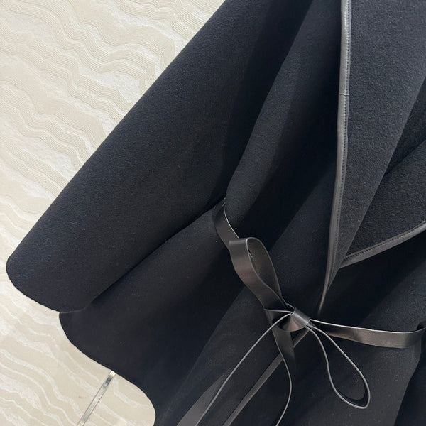 BV Hooded Leather Belt Coat in Black Cashmere