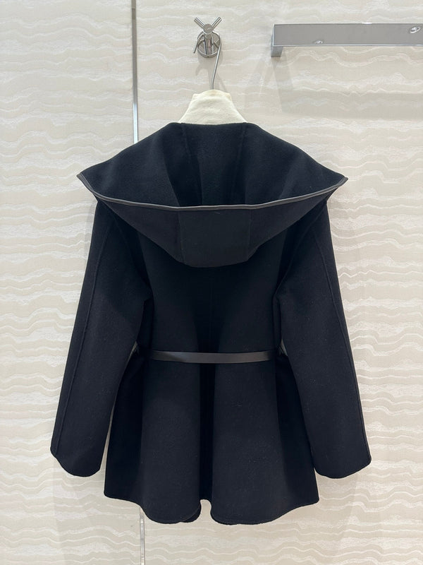 BV Hooded Leather Belt Coat in Black Cashmere