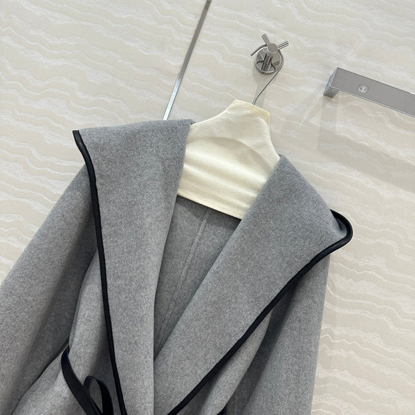 BV Hooded Leather Belt Coat in Gray Cashmere