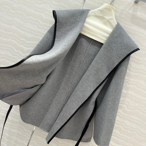 BV Hooded Leather Belt Coat in Gray Cashmere