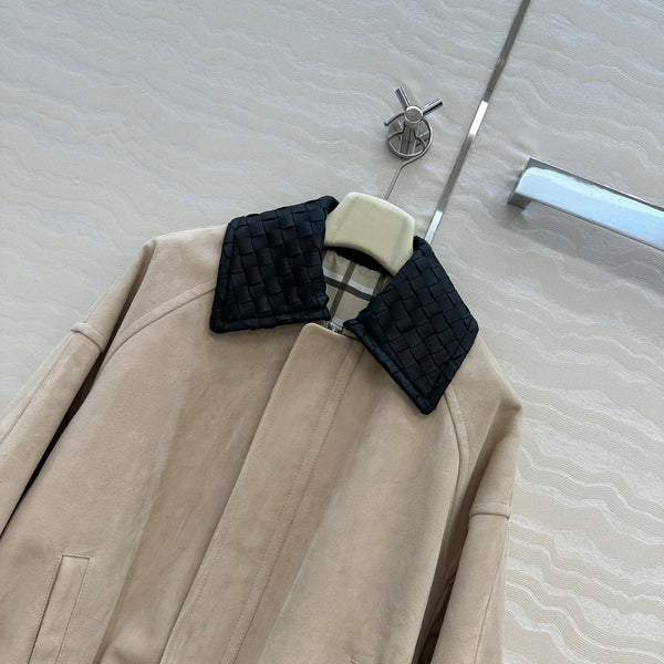 BV Black Neck Zipped Jacket in Beige Lambskin Suede