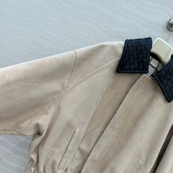 BV Black Neck Zipped Jacket in Beige Lambskin Suede